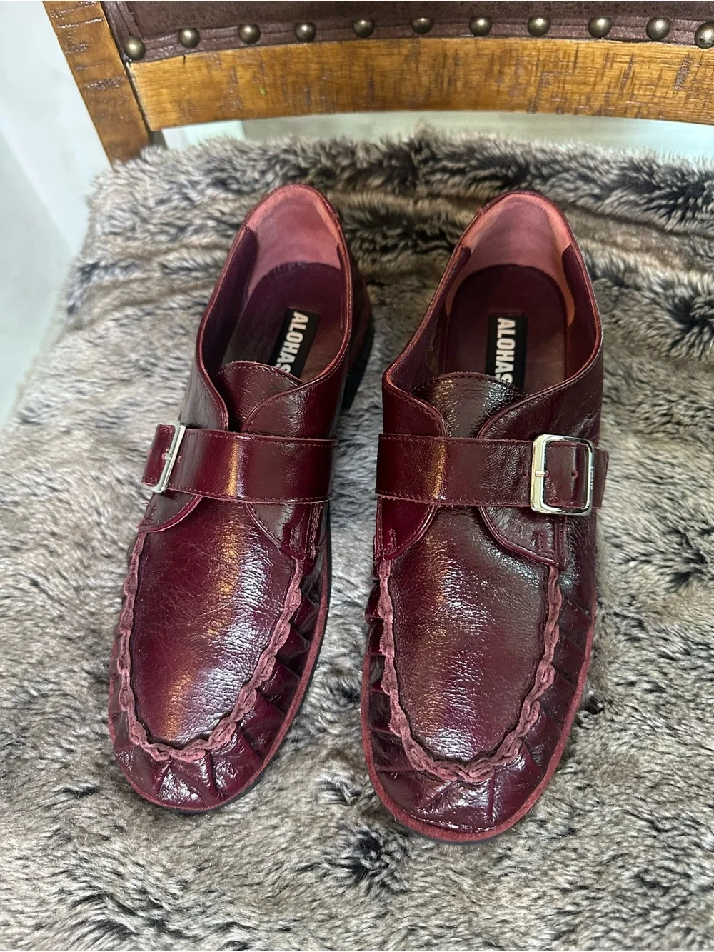 ALOHAS Burgundy Leather Monk-Strap Quiet Luxury Loafers, Size 40